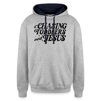 Chasing toddler and Jesus - Unisex Contrast Hoodie - heather gray/navy - Front