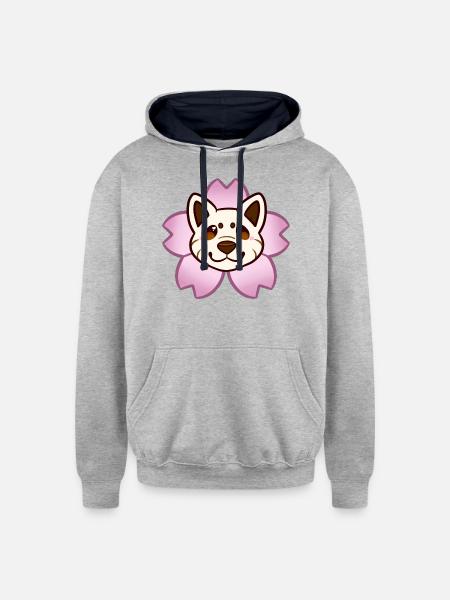 Sakura Shiba Inu Cream - Unisex Contrast Hoodie - heather gray/navy
