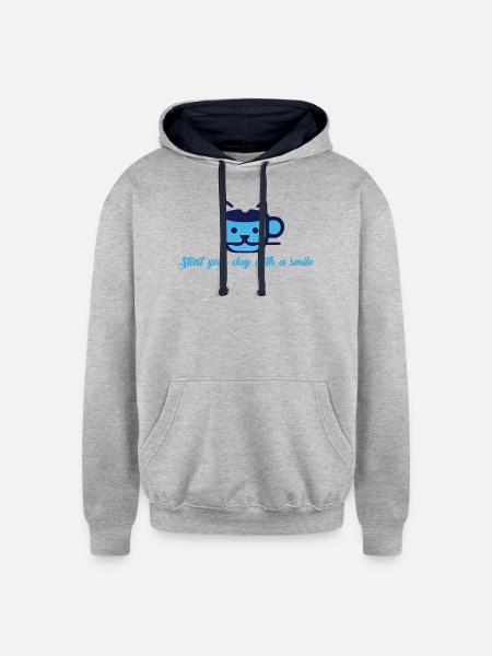 Blue Cat Morning Smile - Unisex Contrast Hoodie - heather gray/navy
