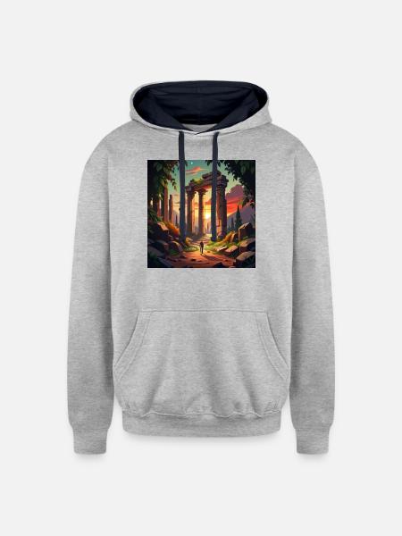 Exploring Ancient Ruins - Unisex Contrast Hoodie - heather gray/navy