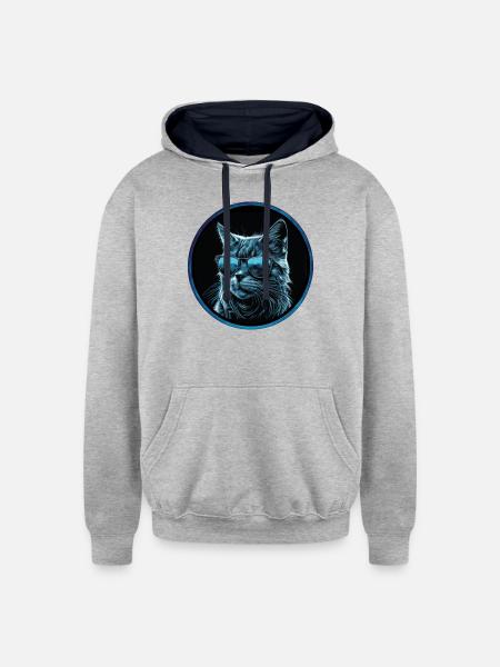 Cool blue Cat with Sunglasses - Unisex Contrast Hoodie - heather gray/navy