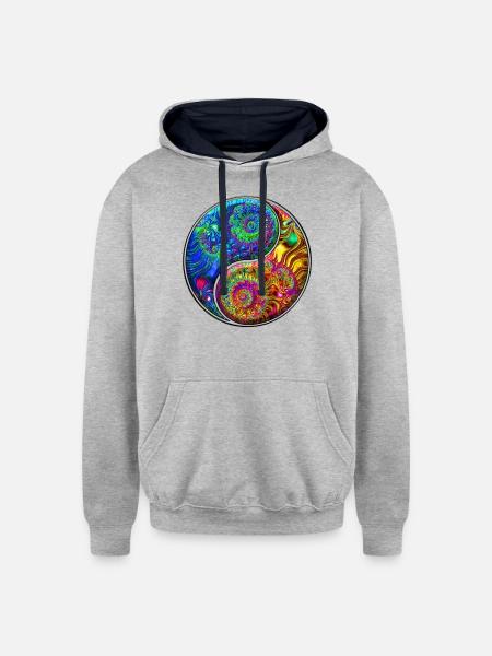 Fractal Yin Yang Yoga - Unisex Contrast Hoodie - heather gray/navy