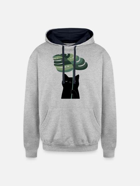 Cat and Plant - Unisex Contrast Hoodie - heather gray/navy