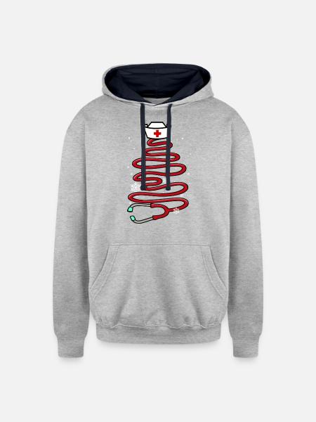 Christmas Stethoscope Nursing Tree - Unisex Contrast Hoodie - heather gray/navy