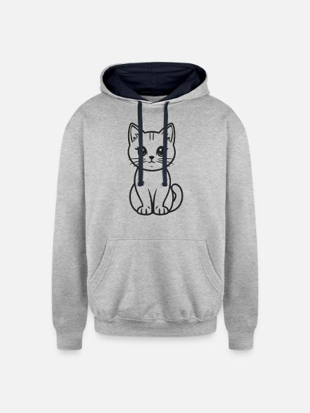 Outline Cat Detailed Cat Face - Unisex Contrast Hoodie - heather gray/navy