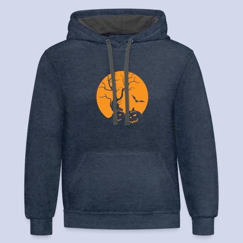 Jack O Lantern Silhouetted Aganist the Moon - Unisex Contrast Hoodie