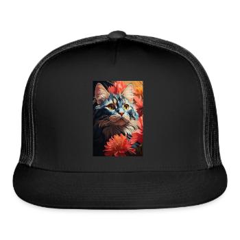 A Blue Cat Sitting In Flowers - Digital Painting - Trucker Hat - black/black - Front