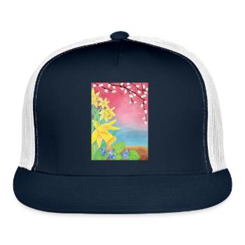 Daffodils and Violets Flowers of Spring - Trucker Hat - navy/white - Front
