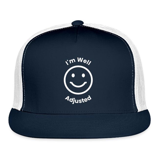 Flat product shot of the navy and white Trucker Hat with Im Well Adjusted logo
