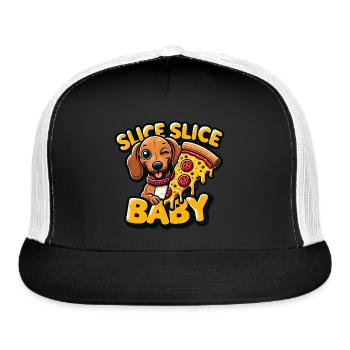 Winking Dachshund Pizza Lover Slice Slice Baby - Trucker Hat - black/white - Front