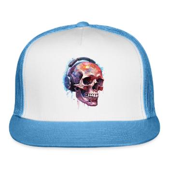 Skull and Headphones - Trucker Hat - white/blue - Front