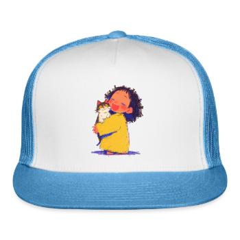 Happy Kid Hugging Cat – Cute Crayon Art for Kids - Trucker Hat - white/blue - Front