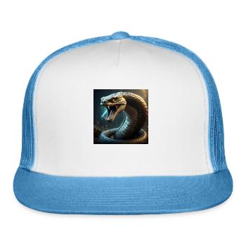 A majestic giant cobra coiled upward ready. - Trucker Hat - white/blue - Front