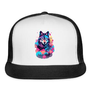Vaporwave Wolf Shirt - Neon Blue Eyes - Trucker Hat - white/black - Front