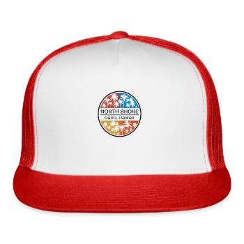 North Shore Oahu Hawaii Hawaiian Islands Palm - Trucker Hat - white/red - Front