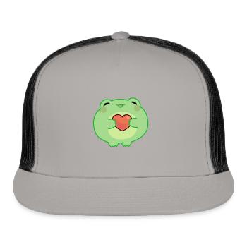 Green Frog Holds a Heart Sticker - Trucker Hat - gray/black - Front