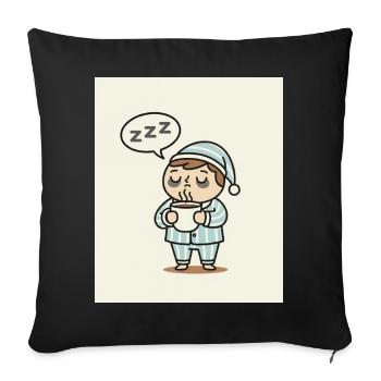 Sleepy in Cozy Pajamas with coffee - Throw Pillow Cover 17.5” x 17.5” - black - Front
