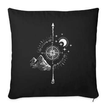 Sketched Compass, Mountain & Night Sky - Throw Pillow Cover 17.5” x 17.5” - black - Front