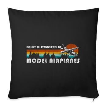Model Airplane Miniature Flying Machine Art - Throw Pillow Cover 17.5” x 17.5” - black - Front