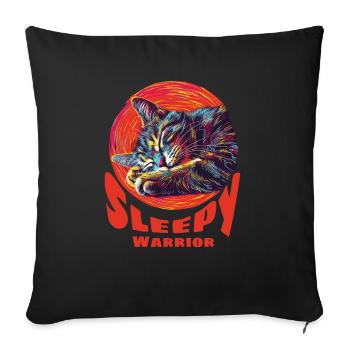 Sleepy Warrior Cat - Throw Pillow Cover 17.5” x 17.5” - black - Front