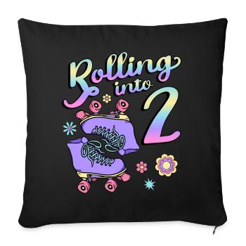 Rolling Into 2 Roller Skaters Floral 2nd Year - Throw Pillow Cover 17.5” x 17.5” - black - Front