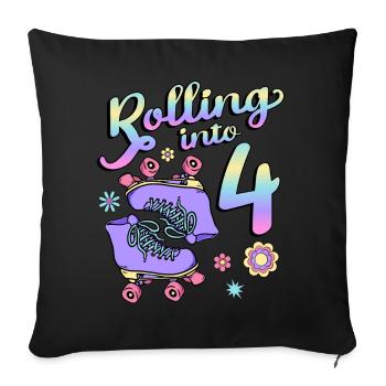 Rolling Into 4 Roller Skaters Floral 4th Year - Throw Pillow Cover 17.5” x 17.5” - black - Front