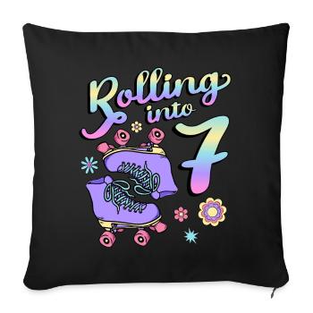 Rolling Into 7 Roller Skaters Floral 7th Year - Throw Pillow Cover 17.5” x 17.5” - black - Front