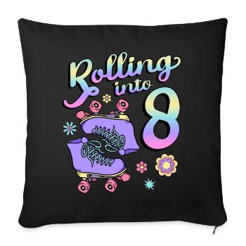 Rolling Into 8 Roller Skaters Floral 8th Year - Throw Pillow Cover 17.5” x 17.5” - black - Front