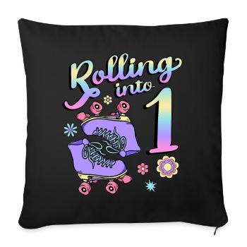 Rolling Into 1 Roller Skaters Floral 1st Year - Throw Pillow Cover 17.5” x 17.5” - black - Front