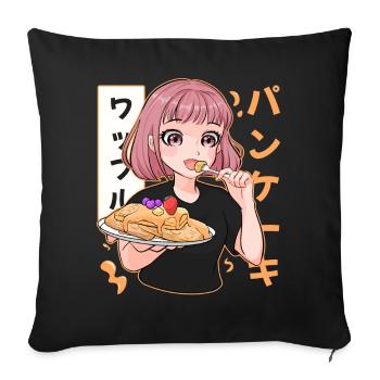 Cute Waffle Pancake Anime Girl Japanese Food - Throw Pillow Cover 17.5” x 17.5” - black - Front