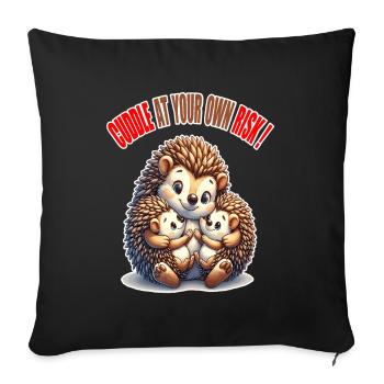 Hedgehog Family Hug, Cuddle Caution Cute - Throw Pillow Cover 17.5” x 17.5” - black - Front