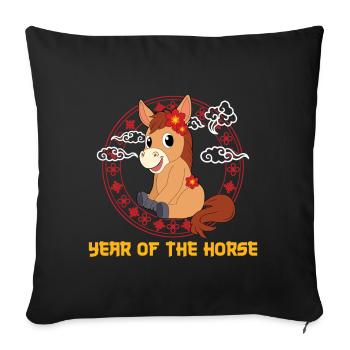Year Of The Horse Cute Kawaii Chinese New Year - Throw Pillow Cover 17.5” x 17.5” - black - Front