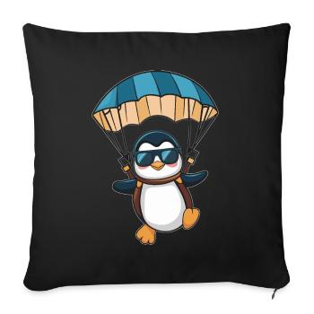 Cool Penguin Parachuting Adventure - Throw Pillow Cover 17.5” x 17.5” - black - Front