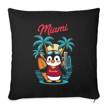 Miami Traveler Penguin with Surfboard - Throw Pillow Cover 17.5” x 17.5” - black - Front