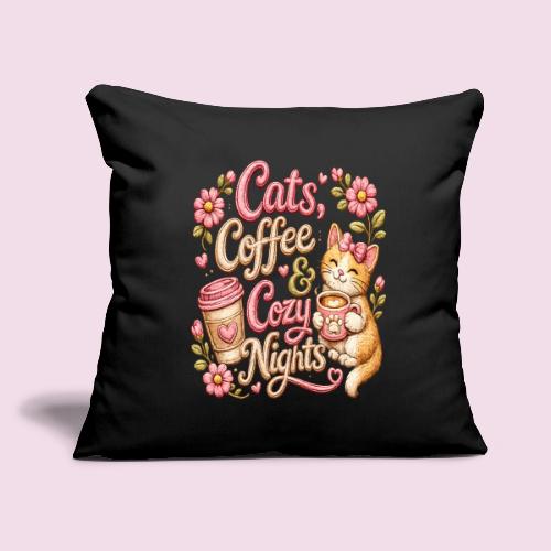 Cats, Coffee & Cozy Nights Faux Stitched Design - Throw Pillow Cover 17.5” x 17.5”