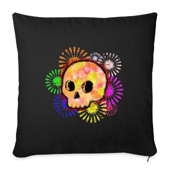 Colorful Floral Burst Skull Watercolor - Throw Pillow Cover 17.5” x 17.5” - black - Front