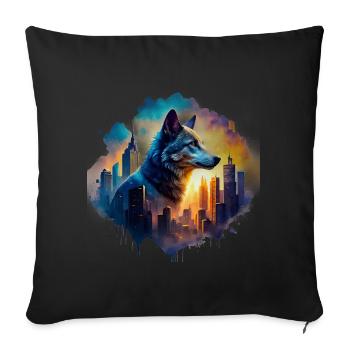Elegant wolf portrait on vintage cityscape backgro - Throw Pillow Cover 17.5” x 17.5” - black - Front