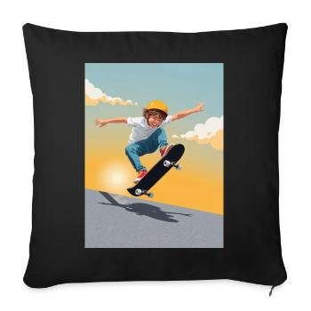 Sunset Kickflip Kid - Throw Pillow Cover 17.5” x 17.5” - black - Front