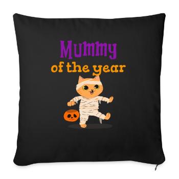 Mummy Of The Year Cute Cat Halloween - Throw Pillow Cover 17.5” x 17.5” - black - Front