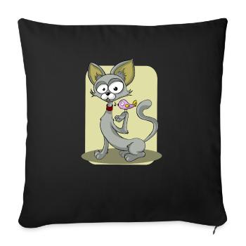 Grey Cat and A Singing Bird - Throw Pillow Cover 17.5” x 17.5” - black - Front