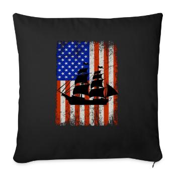 Black silhouette of pirate boat American flag - Throw Pillow Cover 17.5” x 17.5” - black - Front