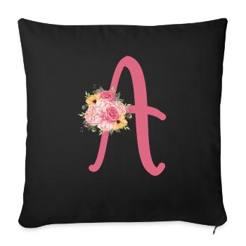 Lettre A et un bouquet de fleurs - Throw Pillow Cover 17.5” x 17.5” - black - Front
