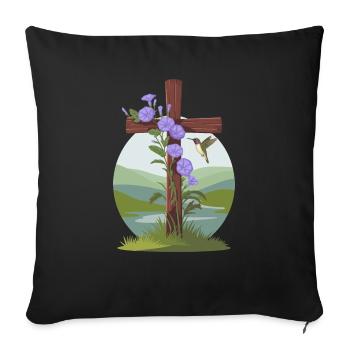 Morning Glory Flower Vine Rustic Cross Hummingbird - Throw Pillow Cover 17.5” x 17.5” - black - Front