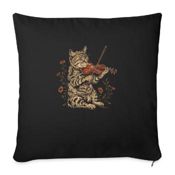 Cute Cat Playing Violin Cottagecore - Throw Pillow Cover 17.5” x 17.5” - black - Front