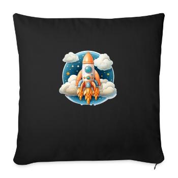 A cute kawaii rocket ship launching from a cloud - Throw Pillow Cover 17.5” x 17.5” - black - Front