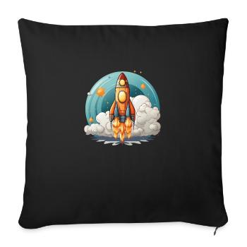 A cute kawaii style rocket ship launching - Throw Pillow Cover 17.5” x 17.5” - black - Front