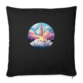 A cute kawaii style rocket ship launching - Throw Pillow Cover 17.5” x 17.5” - black - Front