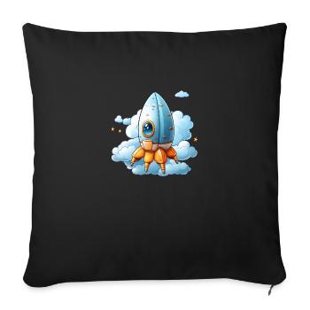 A cute kawaii style rocket ship launching - Throw Pillow Cover 17.5” x 17.5” - black - Front