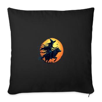 Halloween Witch Riding a Wolf Under Full Moon - Throw Pillow Cover 17.5” x 17.5” - black - Front