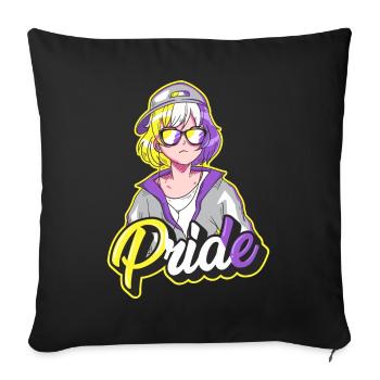 Nonbinary Pride Japanese Cool Anime Girl Non Binar - Throw Pillow Cover 17.5” x 17.5” - black - Front